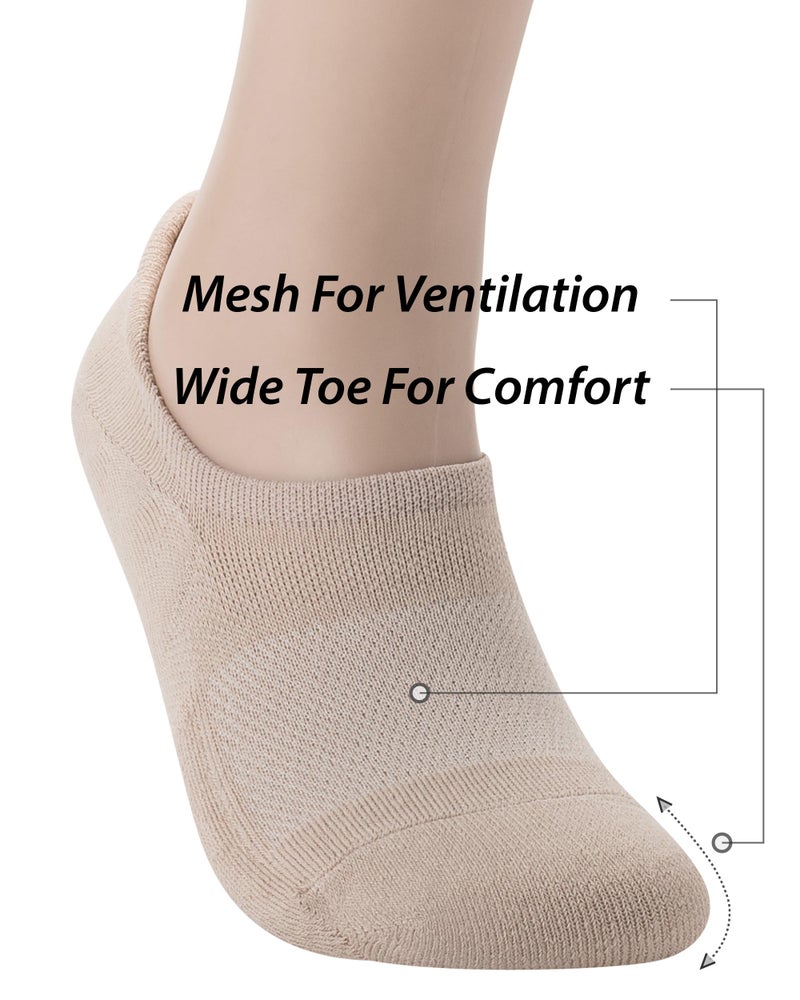 Pro Mountain Wide Toe Box No Show Running Socks For Health Women Arch Support Athletic Workout Gym Heel Tab Size S Beige 6 Pairs Instep Mesh US Women Shoes 6-8 - Image 5